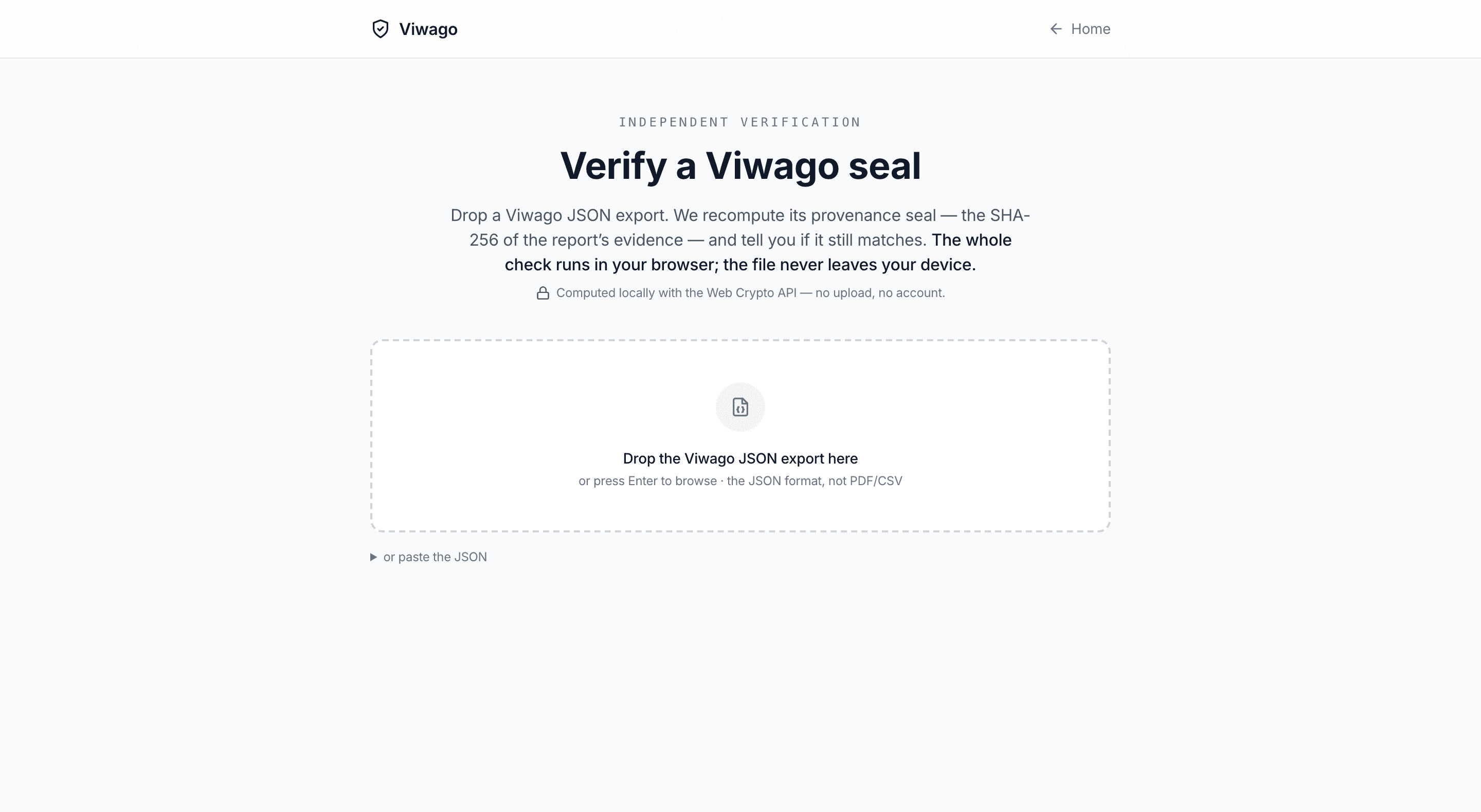 Viwago public seal-verification page: 'Verify a Viwago seal' — drop a Viwago JSON export and the provenance seal is recomputed locally in the browser; the file never leaves the device.